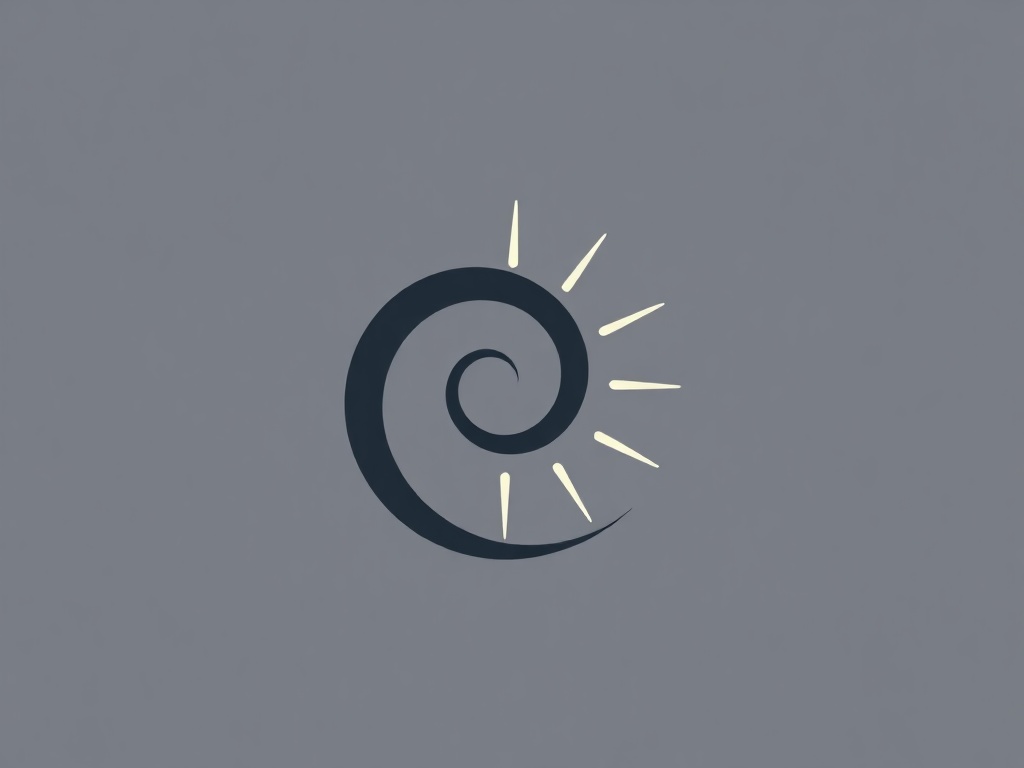 Minimalist abstract logo mark combining a dynamic spiral and a sunburst, clean lines, negative space, flat vector, 8k